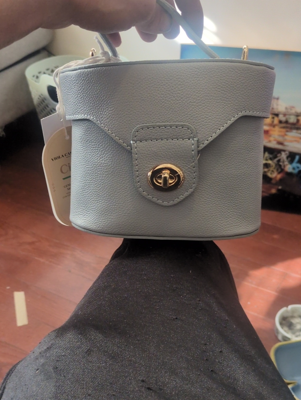 Light Gray Leatherette Top-Handle Bag with Gold Turn-Lock